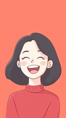 This is an illustration of a Asian woman smiling and having fun. The style should be cute and attractive, suitable for YouTube thumbnails. The woman is placed on the right edge of the image