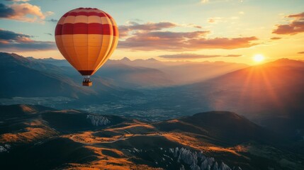 Obraz premium A beautiful hot air balloon ride over a scenic landscape at sunrise, with a colorful sky in the background, symbolizing the endless possibilities and inspiration of travel and adventure.