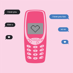 Retro love messages on pink vintage mobile phone. Perfect for Valentine's Day or romantic designs.