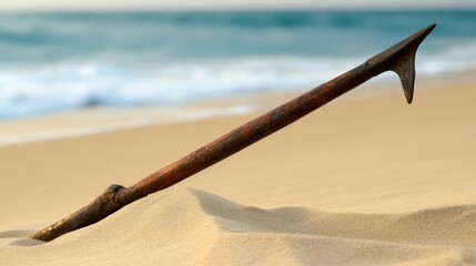Ancient harpoon resting on sandy beach, partially buried with weathered wooden handle and rusted metal tip, evoking historical maritime heritage and archaeological significance
