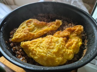 Cooking Ingredients and Tableware in a Kitchen Setting, food