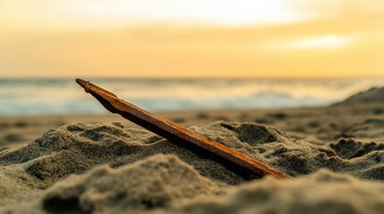 Ancient harpoon resting on sandy beach, partially buried with weathered wooden handle and rusted metal tip, evoking historical maritime heritage and archaeological significance