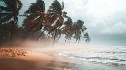 Palm trees bending in storm winds, blurred and dramatic beach scene. Blurred view sandy beach palms
