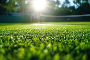 Naklejka premium Close-Up View of Sunlit Green Grass on a Tennis Court with Glowing Sunlight and Blurred Background in a Sport Landscape Setting
