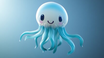 A lovable 3D jellyfish with soft, flowing tentacles and a cute, friendly face, designed for toys
