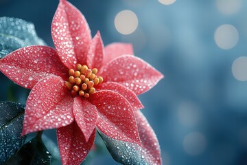 Fototapeta premium A close-up of a vibrant red poinsettia flower with droplets on its petals.