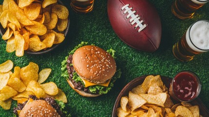 Fototapeta premium Game day snacks setup. Vertical flat lay of burgers, chips, beers, and a football on a grass background, ready for a football game day