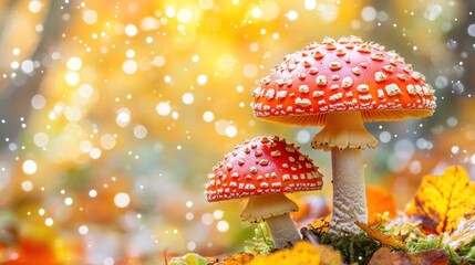 Obraz premium Autumnal Wonderland: Enchanting Red Mushrooms in a Forest