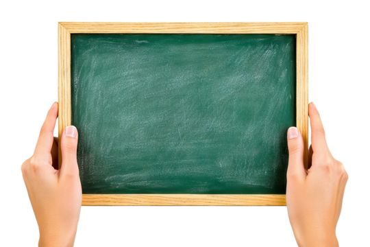 Hands holding a blank green chalkboard with a wooden frame, isolated on transparent cutout background