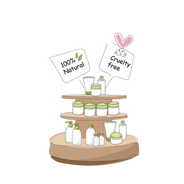 Vector Illustration of Organic Cosmetic Products Display in Cartoon Style on Transparent Background


