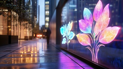 Naklejka premium Cityscape with Illuminated Floral Display
