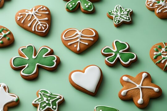 Festive homemade gingerbread cookies with green and white icing on a vibrant green background, perfect for celebrating st. Patrick's day