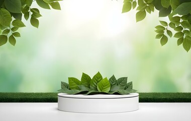 Background white round podium with branches bent in sunlight