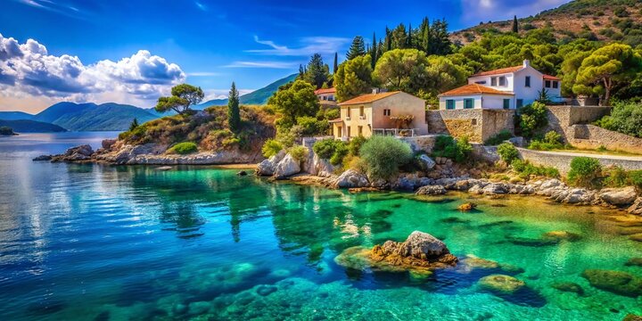 Breathtaking Summer Views of Kastos Island: Turquoise Waters, Rocky Coastlines, Lush Greenery, and Charming Old Houses in the Ionian Sea, Greece