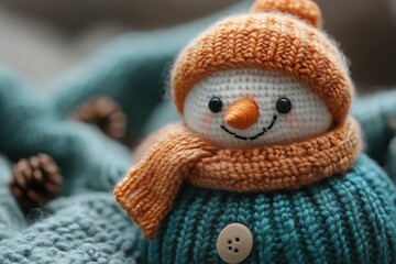 A cute crocheted snowman wearing an orange hat and scarf, set against a cozy backdrop.