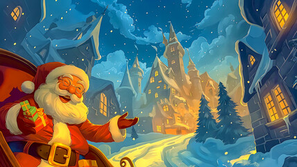 Santa Claus joyfully waves from his sleigh, surrounded by a picturesque snowy village. Warm lights illuminate charming houses, creating a festive atmosphere during the holiday season