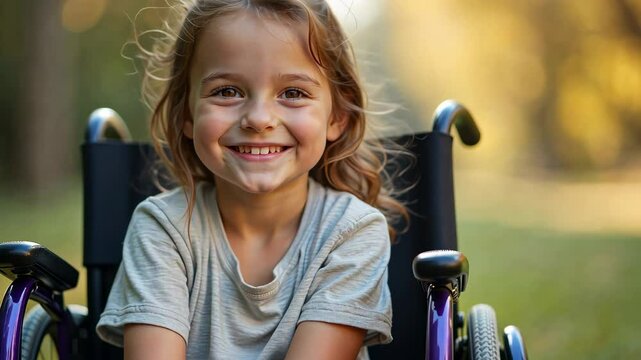 Happy child enjoys outdoor playtime in a park while using a wheelchair, showcasing joy and resilience in everyday life