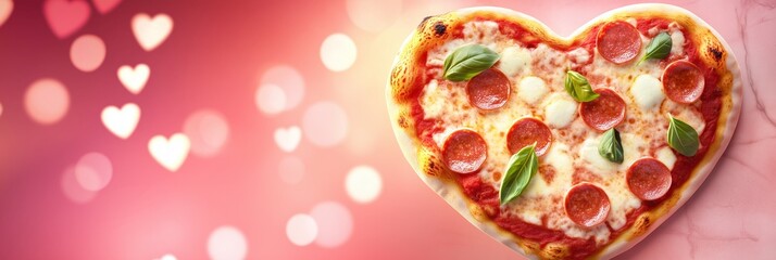 A heart shaped pizza with pepperoni, mozzarella, and fresh basil on a soft pink background with glowing heart bokeh