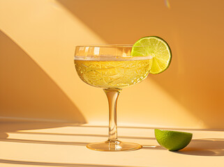 Elegancki koktajl w stylowym kieliszku z dodatkiem limonki, sfotografowany w ciepłym, minimalistycznym otoczeniu.