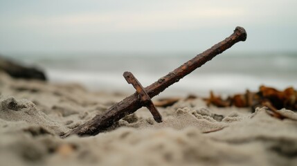 Ancient harpoon resting on sandy beach, partially buried with weathered wooden handle and rusted metal tip, evoking historical maritime heritage and archaeological significance
