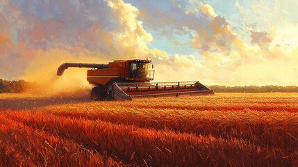 Naklejka premium Combine Harvester Working in Golden Wheat Field at Sunset