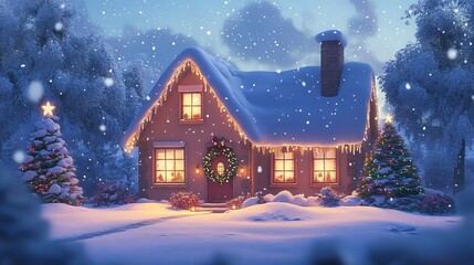 cozy cottage with Christmas lights and a snowy landscape