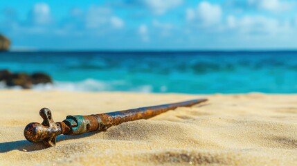 Ancient harpoon resting on sandy beach, partially buried with weathered wooden handle and rusted metal tip, evoking historical maritime heritage and archaeological significance