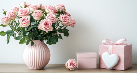 Pink roses in a pink vase with a white heart and a gift box on a wooden table, womens day background