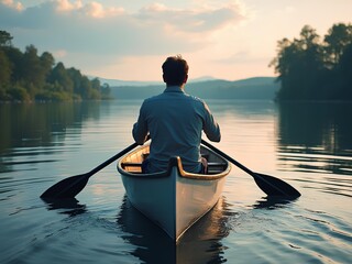 Man rowing a wooden boat in a calm lake with beautiful mountain scenery