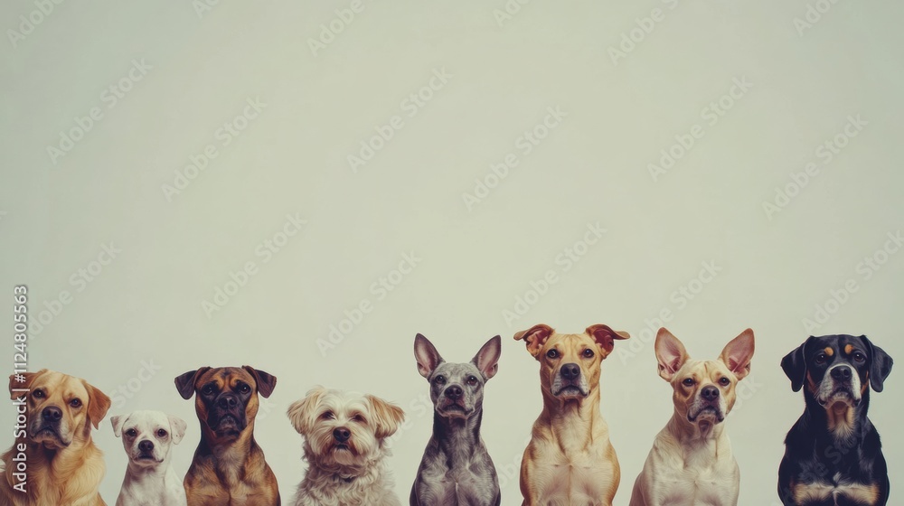 Leinwandbilder a diverse group of dogs sits closely together, showcasing different breeds and sizes in a serene env