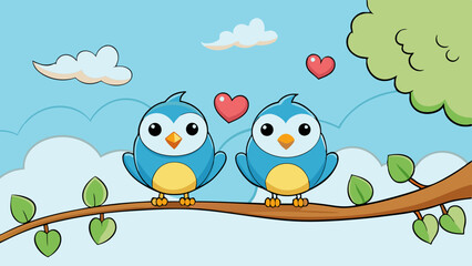 Two cartoon-style lovebirds perched on a delicate branch with hearts gently falling from the trees, set against a bright, cheerful sky.