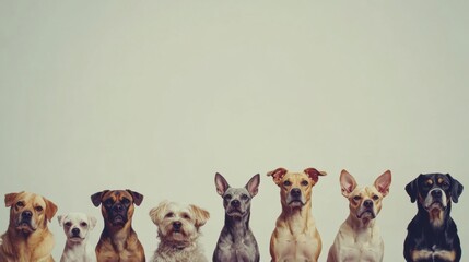 A diverse group of dogs sits closely together, showcasing different breeds and sizes in a serene environment with ample room for text. Generative AI