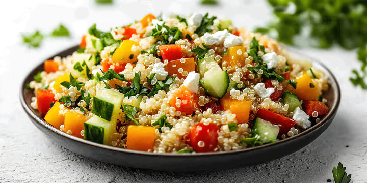 Healthy quinoa salad with fresh vegetables, herbs, and feta cheese, served on a plate, perfect for a light and nutritious meal.