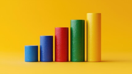 Colorful bar graph made of rolls of paper against a yellow background, representing growth and progress in business.