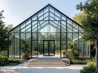 A glass house with green tree in the surrounding for hosting event and function 