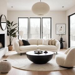 Fototapeta premium Minimalist living room, cream boucle sofa, curved armchair, black oval coffee table.
