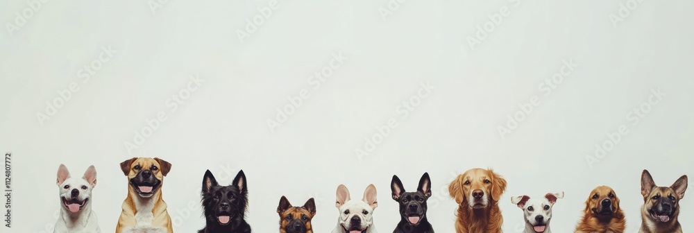 Aufkleber Various dog breeds sit happily in a row, showcasing their distinct sizes and colors with a simple background for text placement. Generative AI