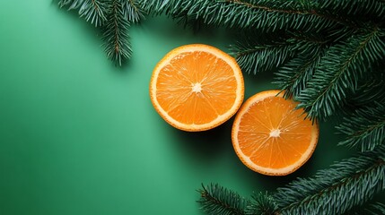 Two orange halves lying on green background with pine branches creating christmas mood