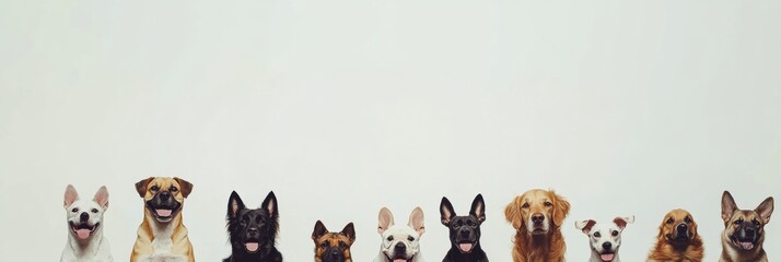 Various dog breeds sit happily in a row, showcasing their distinct sizes and colors with a simple background for text placement. Generative AI