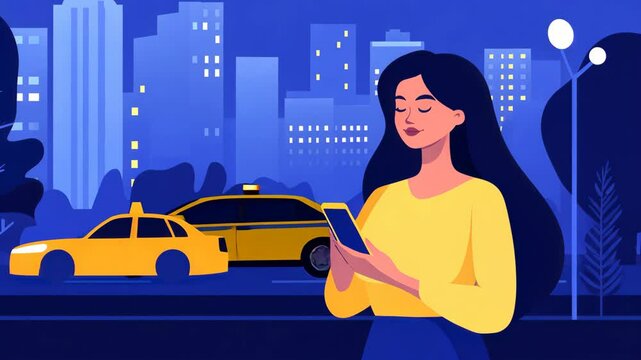 Woman ordering taxi using mobile app at night