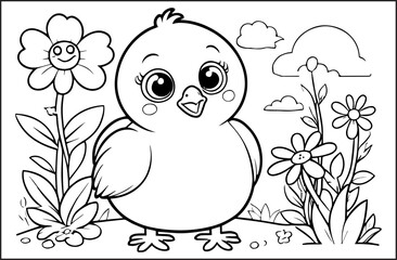 Cute Chick line art illustration for a children's coloring book
