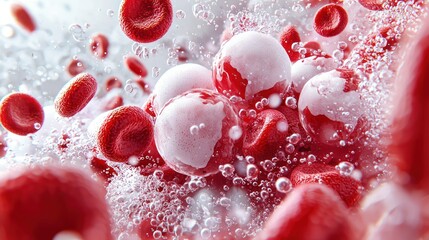 Fototapeta premium A vibrant close-up of red blood cells and bubbles, showcasing a dynamic interplay of color and texture in a fluid environment.