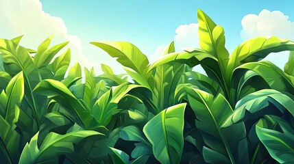 Lush Tropical Banana Plantation. Bright Sunny Day. Cartoon Style
