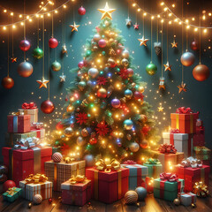 Festive Christmas Tree Surrounded by Gifts
