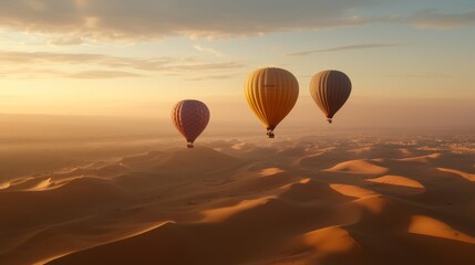 Obraz premium Three colorful hot air balloons float over a serene desert landscape at sunset, casting soft shadows on the sand dunes below.