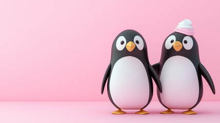Happy Valentine's Day wallpaper - two cartoon penguins stand side by side against a pastel pink background.