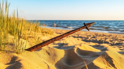 Ancient harpoon resting on sandy beach, partially buried with weathered wooden handle and rusted metal tip, evoking historical maritime heritage and archaeological significance