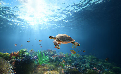 Obraz premium Sea turtles swimming with tropical fish, clear and vibrant water