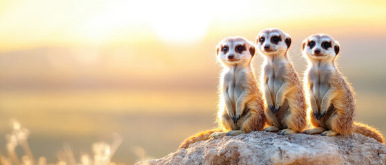 Three meerkats sunbathing on rocky ledge during warm sunset