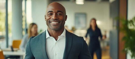 Obraz premium A man and a woman are smiling at the camera in a business setting